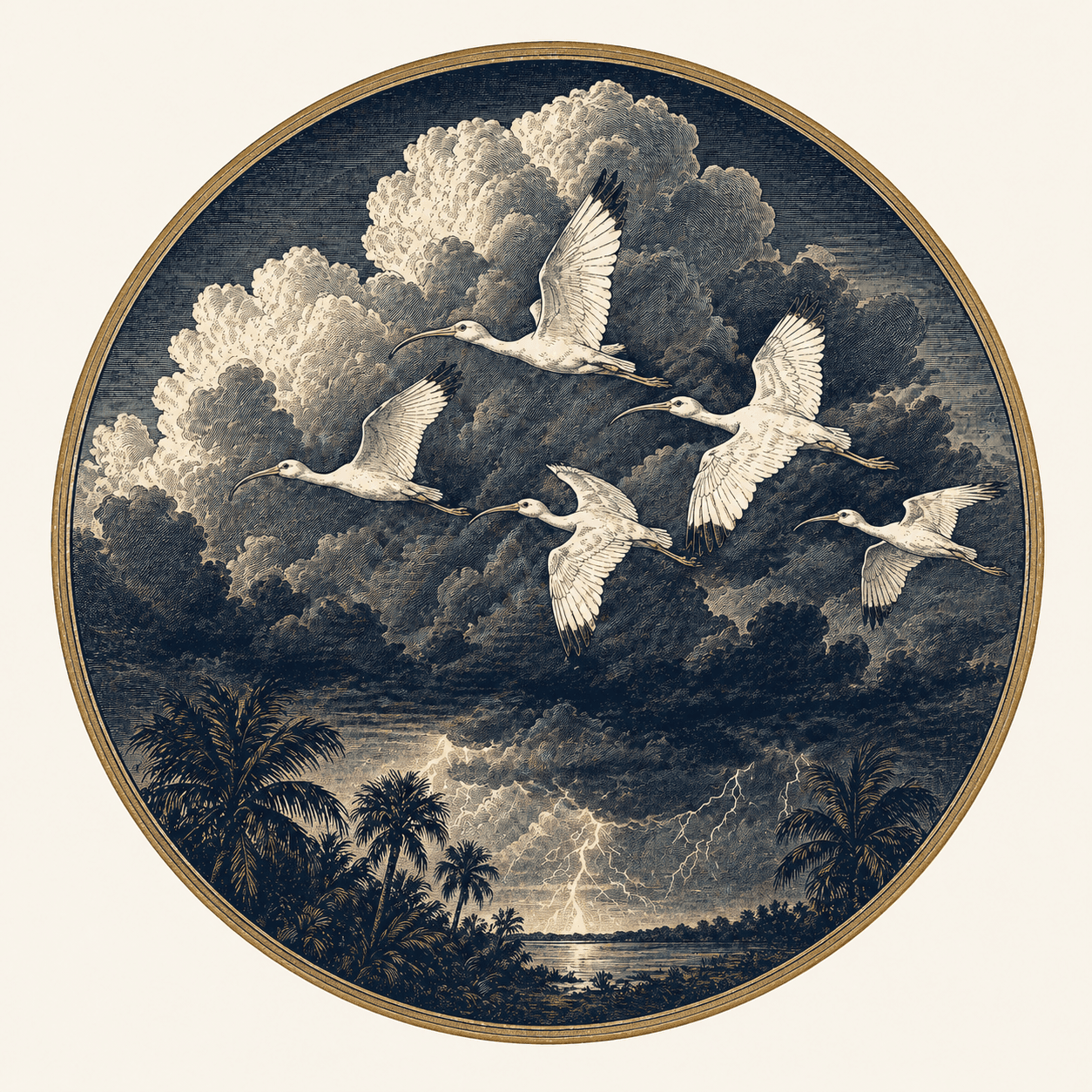 Ibis SaaS Holdings heritage seal — ibises in flight over a Florida storm, vintage etching