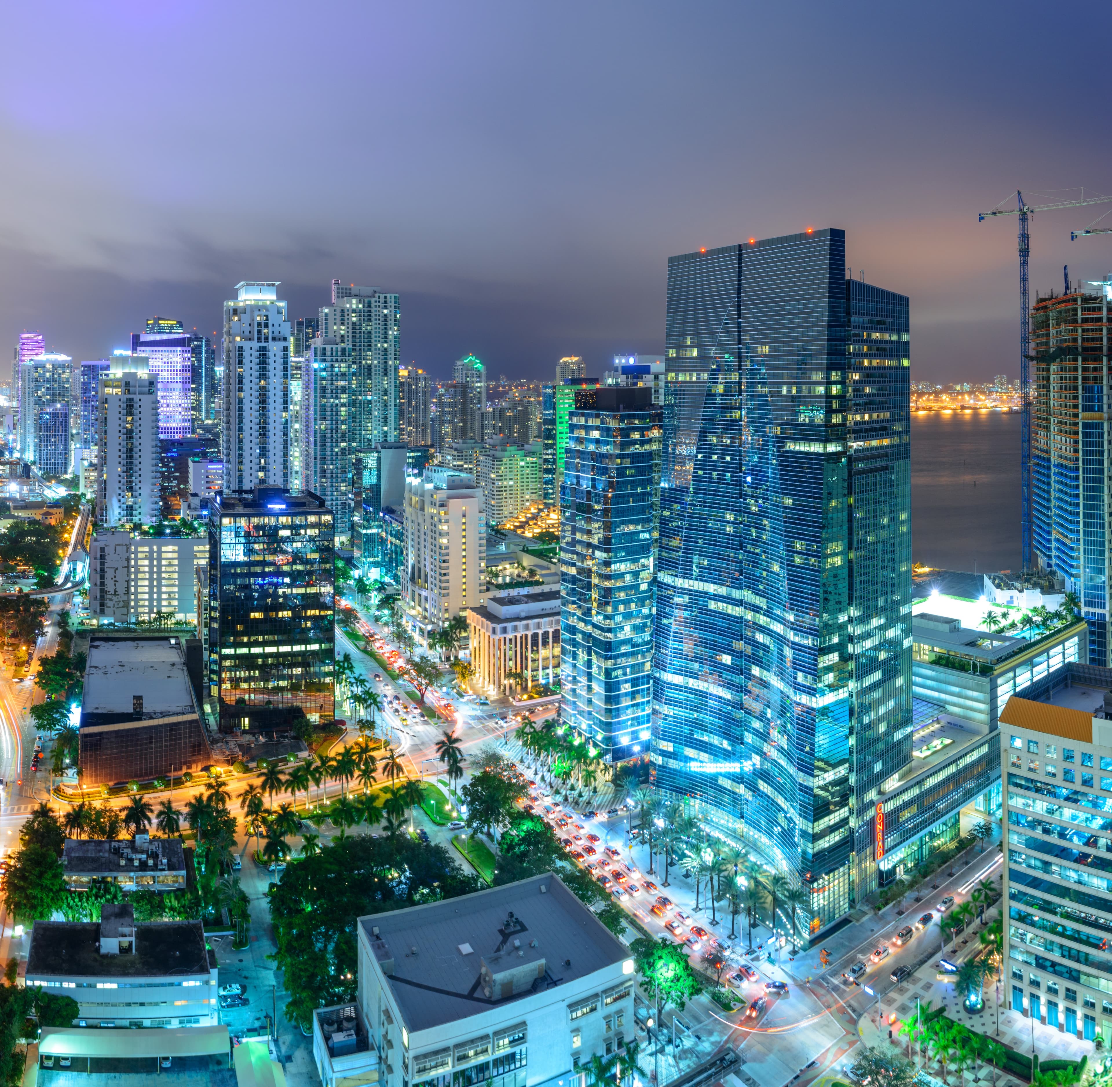 Brickell financial district at night — Miami's downtown corridor, where Ibis SaaS Holdings is headquartered